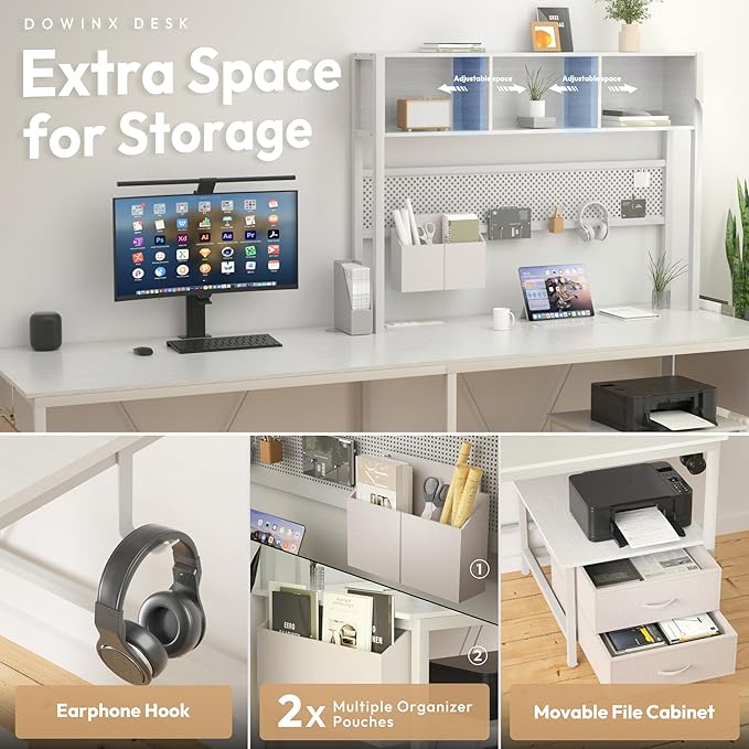 Dowinx 67” L-Shaped Gaming Desk with Pegboard &amp Drawers Reversible Computer Desk with RGB Lights &amp Power Outlets Corner Workstation with Storage &amp Hutch for Home Office &amp Gaming Whit