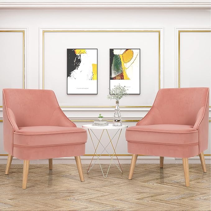 Giantex Set of 2 Velvet Accent Chairs Mid Century Single Sofa Chair w/Rubber Wood Legs Comfy Slipper Chair Upholstered Armless Leisure Side Chair for Living Room Bedroom Meeting Room Pink