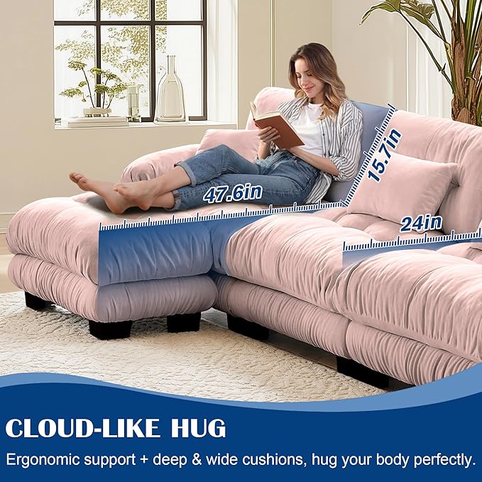 Oversized Cloud Couch Fluffy Sectional Couch for Living Room L Shaped Sofa with Movable Ottoman Chenille Pink