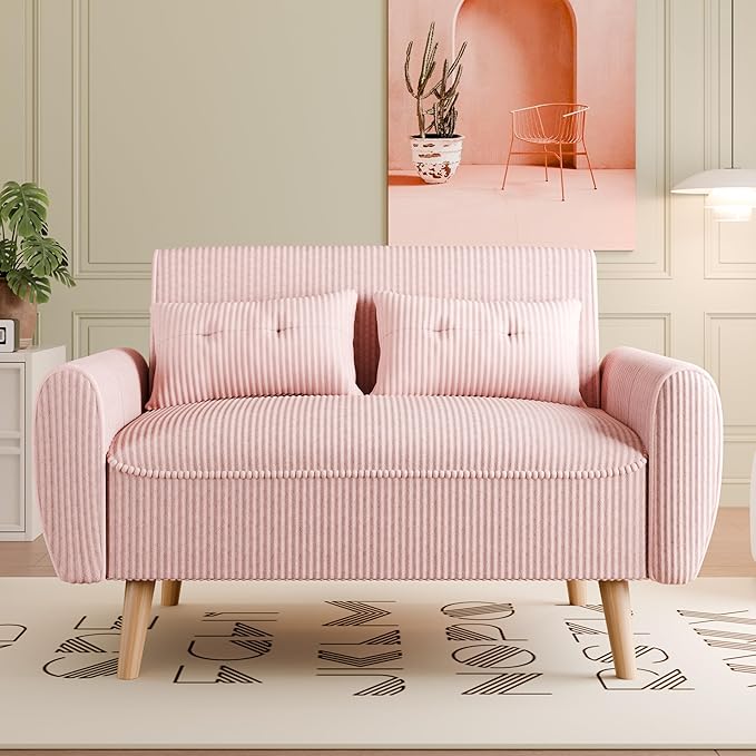 Vongrasig 47 Small Modern Loveseat Sofa Mid Century Soft Corduroy Fabric 2-Seat Sofa Couch Tufted Love Seat with Back Cushions and Tapered Legs for Living Room Bedroom and Small Space (Pink)
