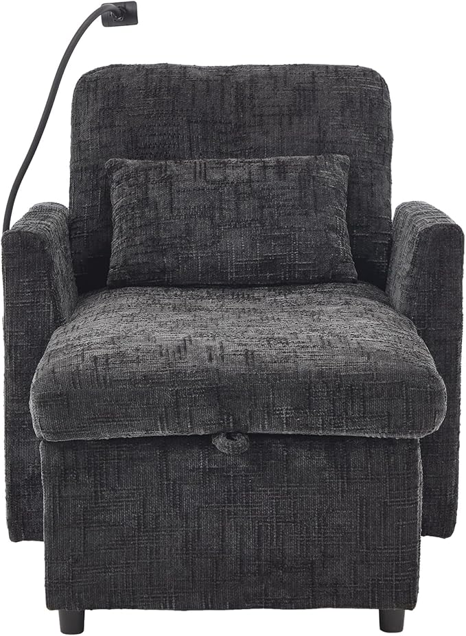 32 Comfy Chaise Lounge Sofa Bed Chair with Storage Side Pockets Phone Holder &amp 2 Pillows Modern Chenille Upholstered Sleeper Sofa Leisure Chair for Living Room Bedroom Small Spaces (Black)