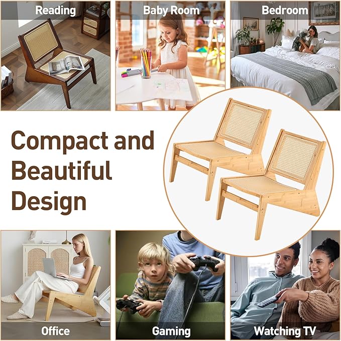 Welnow 2-Pcs Mid Century Rattan Accent Chair Bamboo Wood Lounge Chair with Woven Cane Backrest Low Armchair for Living Room Bedroom Balcony or Reading Corner Natural