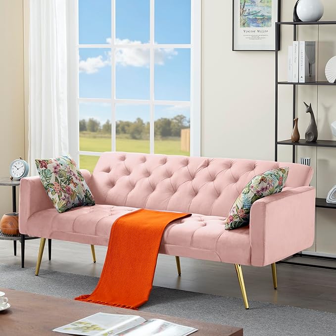 68.5” Futon Sofa Bed Convertible Futon Couch with Adjustable BackrestFolding Sofa Bed with 2 Pillows &amp Metal Legs Sleeper Loveseat with Armrest for Home Office (Pink)