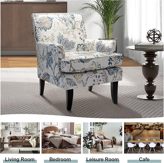 HULALA HOME Modern Accent Chair with Arms and Wooden Legs Mid Century Accent Chair Armchair High Back Rest Padded Armrest and Comfortable Cushioned Seat for Living Room (Blue Yellow Floral)