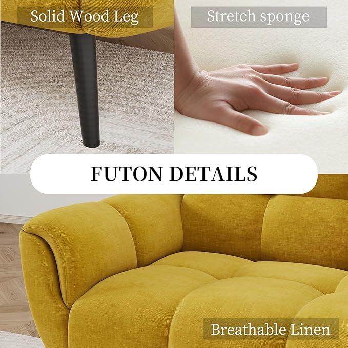 Convertible Futon Sofa Bed 76.77 Modern Linen Futon Couch Comfy Sleeper Sofa with Adjustable Backrests Couch Bed for Small Spaces Living Room Bedroom Apartment Yellow