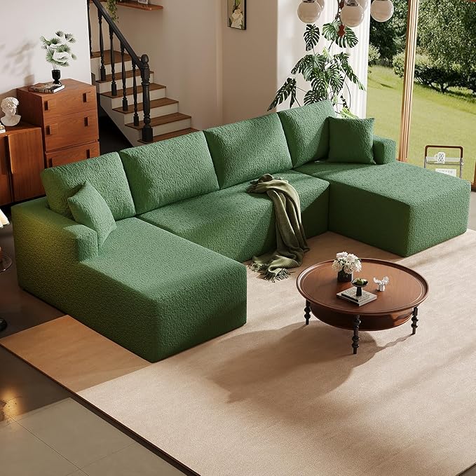 140 Modular U-Shaped Sectional Sofa 7-Seater Cloud Couch with Double Chaise Modern Sleeper SofaNo Assembly Sectional Cloud Boneless Sofa Couches for Living Room/Apartment