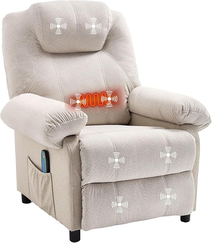 KCREAM Recliner Chair with Massage and Heat Mid Century Overstuffed Manual Reclining Chair Heated Massaging Recliner Chair for Small Places White