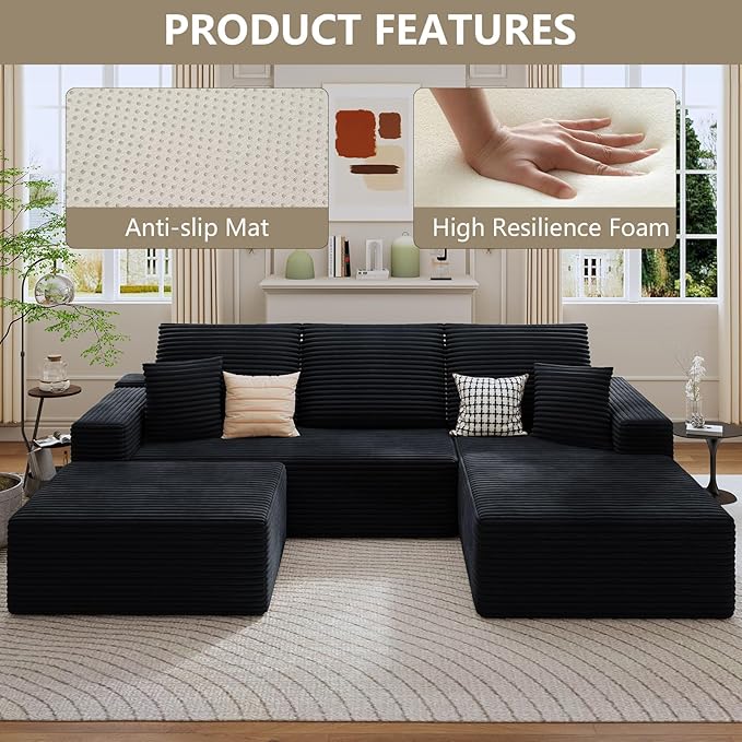 107 Cloud Sectional Couch with U-Shaped Chaise Corduroy Sectional Sofa with Ottoman Boneless Couch with Deep Seat in a Box for Living Room No Assembly Required (Black Right Facing Chaise)