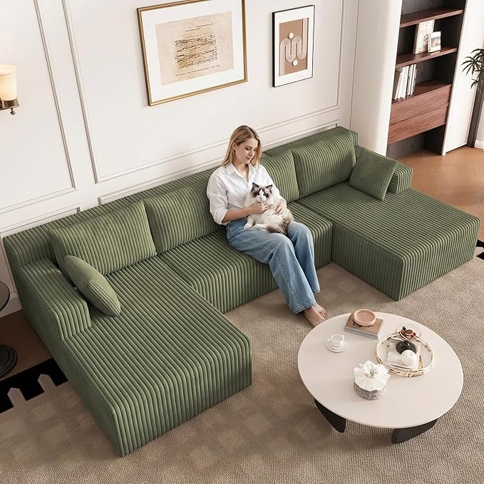 124 U Shaped Cloud Couch Sectional Corduroy Upholstered 4-Seater Cloud Couches for Living Room Deep Seat Modular Boneless Sofa with Lounge Chaise No Assembly Required Green