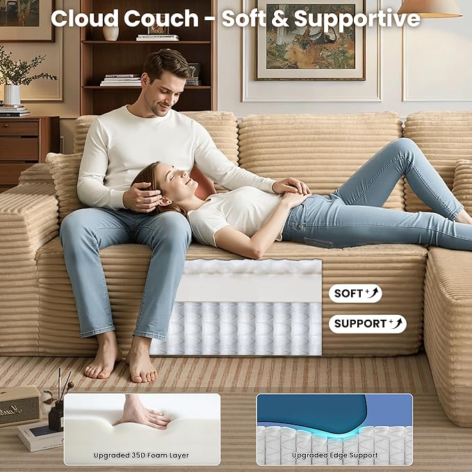 106 Cloud Sectional Couch with Chaise Lounge Deep Seat L Shaped Modern Modular Sleeper Sofa No Assembly Required Boneless Couches for Living Room (RightStripe CorduroyCamel)