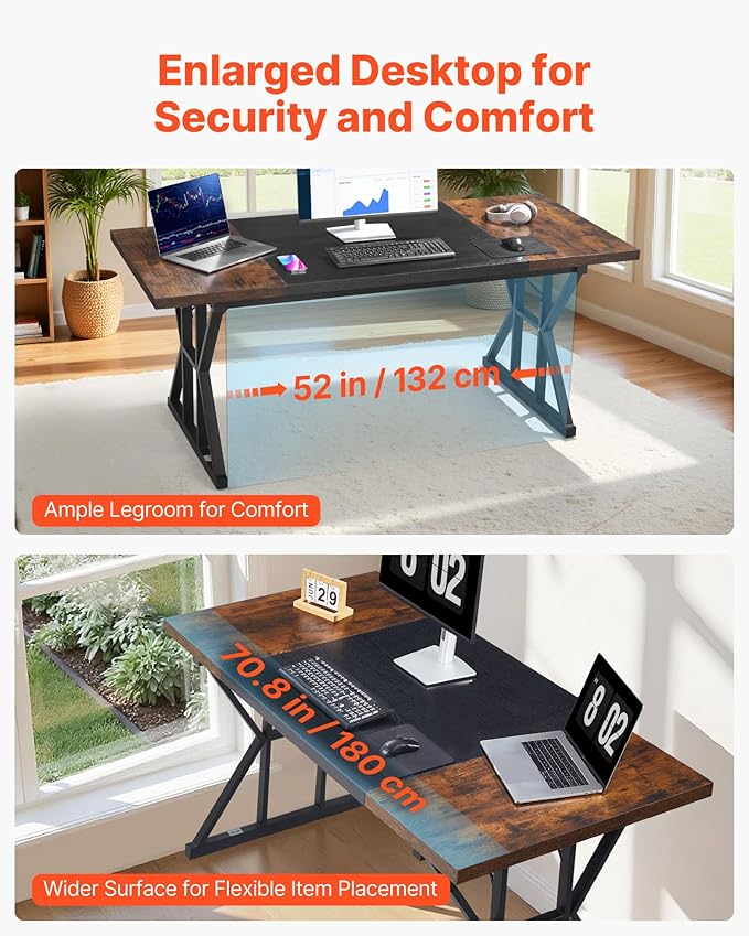 VEVOR Executive Desk 70.9 x 31.5 inch Large Computer Desk PC Workstation for Home Office Modern Simple Wood Laptop Study Writing Table Metal Frame Business Furniture Rustic Brown and Black