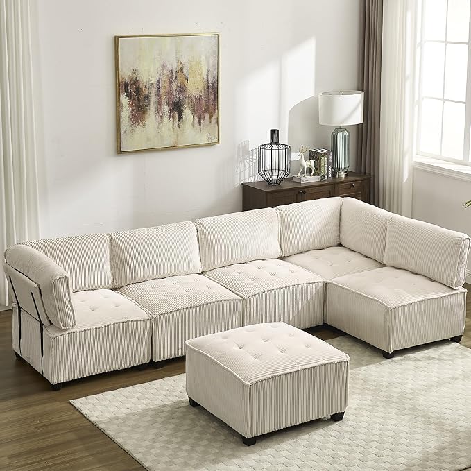 121 Inch Cloud Modular Sectional Sofa Oversized U Shaped Modular Couch with Reversible Chaise 6 Seat Comfy Convertible Sectional Sofa with Ottoman for Living Room Beige