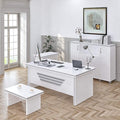 71 Wood Office Furniture Set of 4pcs | Modern Executive Desk | Credenza w/Keyboard Shelf | Large Storage Cabinet w/Chrome Handles &amp Legs | Coffee Table | Sturdy Home Workstation | White