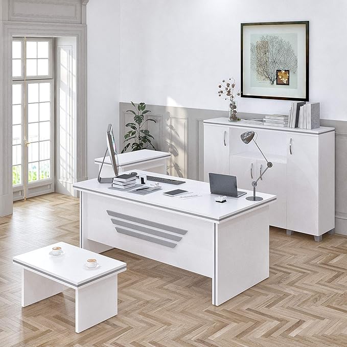 71 Wood Office Furniture Set of 4pcs | Modern Executive Desk | Credenza w/Keyboard Shelf | Large Storage Cabinet w/Chrome Handles &amp Legs | Coffee Table | Sturdy Home Workstation | White