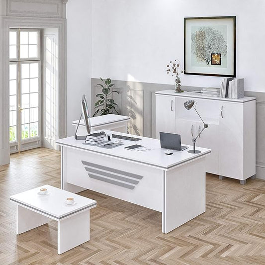 71 Wood Office Furniture Set of 4pcs | Modern Executive Desk | Credenza w/Keyboard Shelf | Large Storage Cabinet w/Chrome Handles &amp Legs | Coffee Table | Sturdy Home Workstation | White