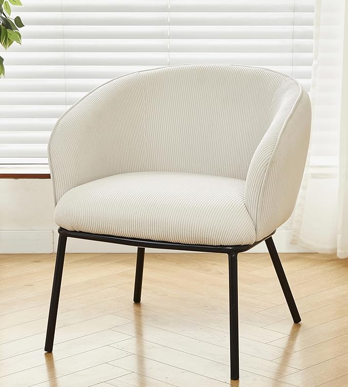 Modern Corduroy Accent Chair with Channel Back Design Black Metal Legs and Soft Upholstery Comfortable Seating for Living Room Bedroom or Office Beige