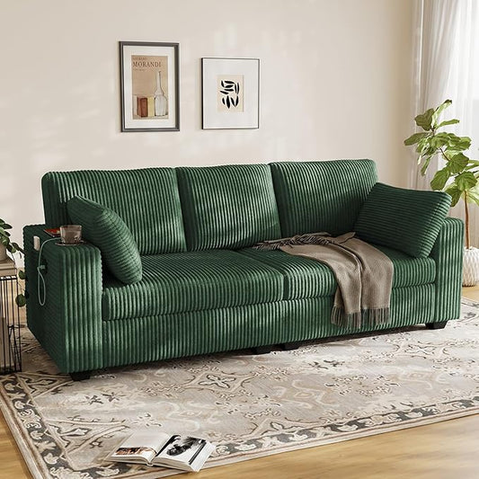 OUYESSIR 82 Loveseat Sofa for Living RoomModern Sofa with USB Charging Ports &amp Cup HoldersComfy Corduroy Couch with Upholstered Cushion3 Seater Deep Seat Couch for Small SpaceBedroom Green