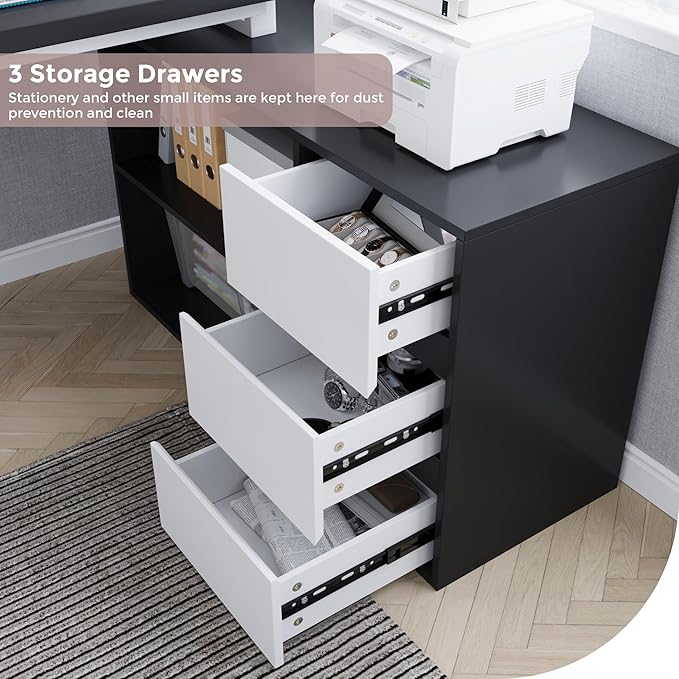 Home Office Computer Desk Corner Desk with 3 White Drawers and 2 Shelves 53-inch L-Shaped Study Desk with Storage Black + White