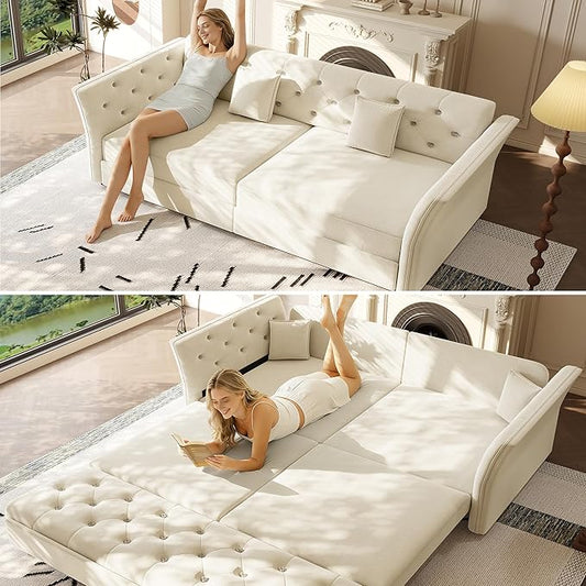 74.4'' Queen Size Sleeper Sofa Velvet Pull Out Couch with Flower-Tuffed Back Chesterfield Convertible Futon Sofa Bed 2 Pillows Deep Loveseat Couches for Living Room Small Spaces Beige