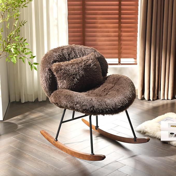 VINGLI 25.6 Wide Nursery Glider Chair 115° Reclining Armless Rocker with Lumbar Pillow &amp Solid Wood Base Plush Fleece Nursing Chair for Bedroom &amp Living Room Chocolate
