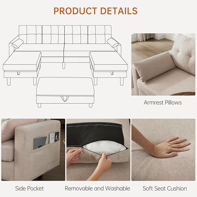 Convertible Sectional Sleeper Sofa with Storages 100 U Shaped 4 Seater Couch with 2 Movable Ottomans and 1 Ottoman Bench Polyester Fibre for Living Room Beige
