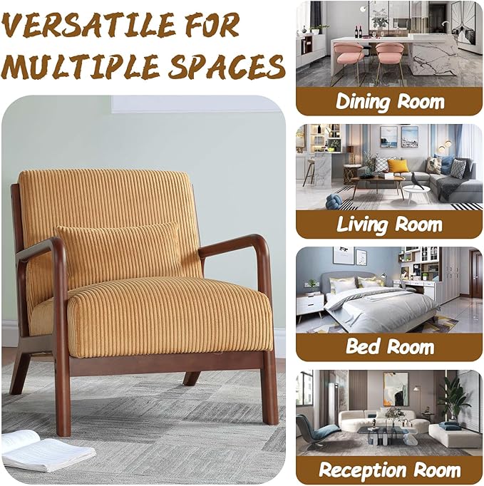 Modern Accent Chairs with Waist Cushion Comfy Upholstered Chair Living Room Corduroy Reading Chair with Solid Wood Frame Side Chairs for Living Room Bedroom Sunny Room Balcony (Yellow)