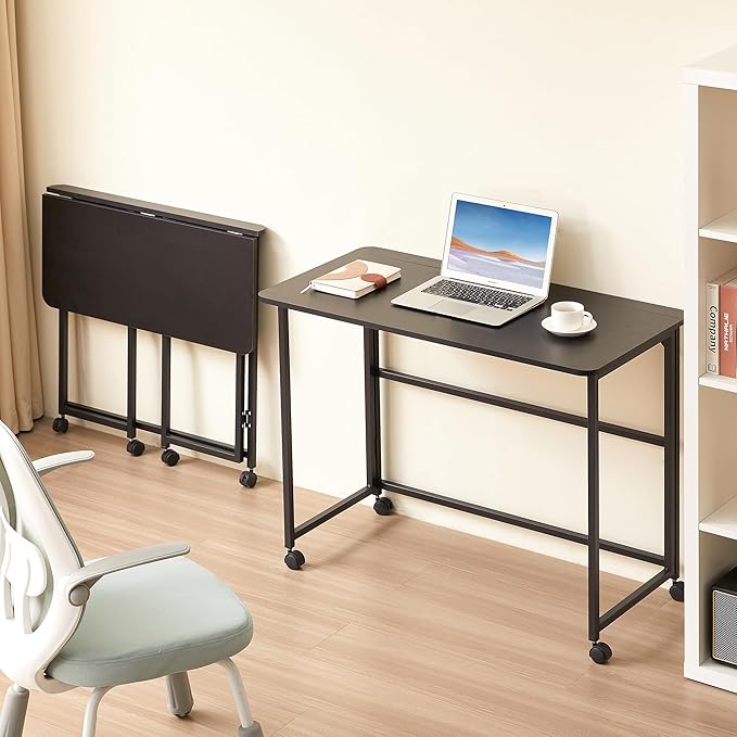 Small Folding Desk Rolling Table Portable Foldable Desk on Wheels Space Saving Computer Table Writing Workstation for Home Office Easy Assembly (Black 15.7 D x 31.5 W x 29.53 H)