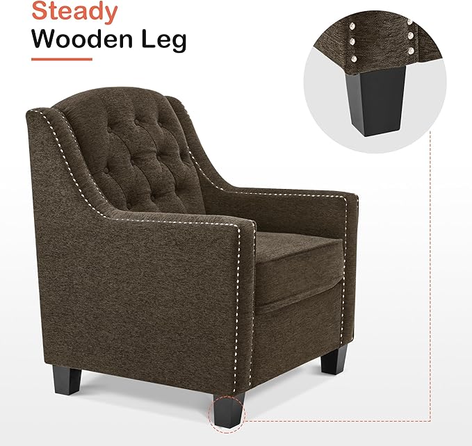 MCombo Modern Accent Chair with High Legs Chenille Upholstered Single Sofa Chair with Tufted Button Back &amp Ergonomic Armrests Solid Wood Legs for Living Room Bedroom 4260 (Brown)