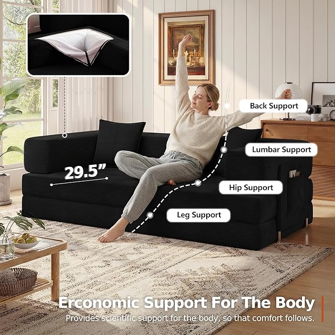 MoonSpeak 78.8''Sleeper Couch Bed for LivingroomConvertible Modular Sofa with Armrest PillowModular Foldable Corduroy Couches in a BoxNo Assembly (Black)