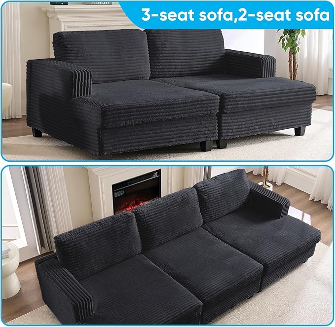 Mjkone 120 W Oversized Deep Seat Sofa Upholstered Corduroy 3 Seat Sofa Modular Sectional Couch with Wooden Frame Modern Sleeper Sofa Bed for Living Room Office Dark Grey