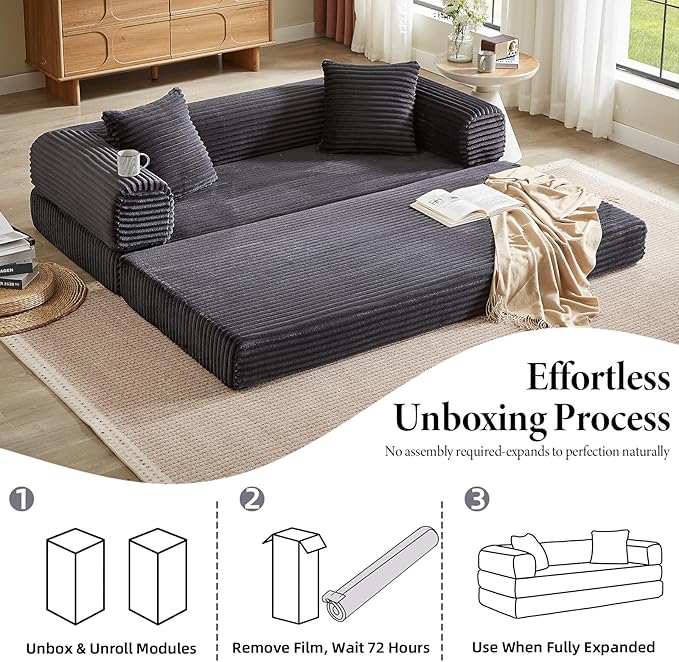 Folding Convertible Sleeper Sofa Bed Corduroy Upholstered Boneless Couch with Pillows Modular Floor Sofa Compression Couch for Living Room No Assembly Required (Dark Gray)