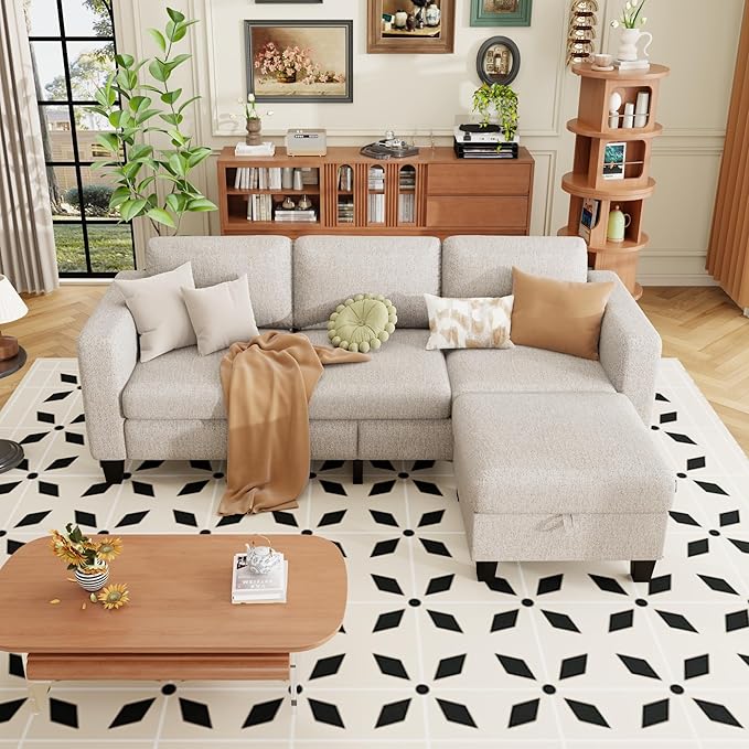 ZeeFu Sectional and Sofa Couches for Living Room - 78'' 3 Seater L-Shaped Modular Couch with Storage Ottoman - Modern Velevt Fabric Upholstered Sofa Set for Small Space Apartment Office (Mocha Brown)