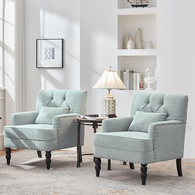 HUIMO Accent Chairs Set of 2 Tufted Club Chair Set of 2 with Lumbar PillowUpholstered Button Armchair Linen Fabric Sofa Chairs for Bedroom Living Room Mid Century Modern Reading ChairLight Blue