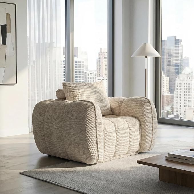 Furnimart Pumpkin Single Sofa Oversized Could Comfy Accent Chair Foam Boneless Chair Wide Seat Modern Small Couch for Living Room Bedroom Assemble Free(Beige)