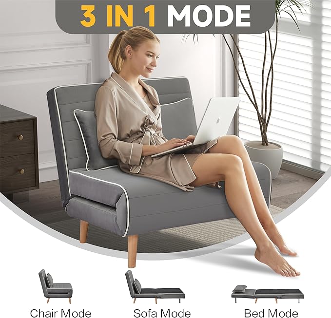 32 Convertible Sleeper Chair 3-in-1 Folding Sleeper Chair with Pillow 3-Position Adjustable Backrest for Living Room Bedroom Office Gray
