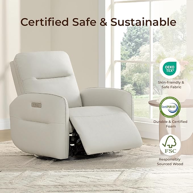 CHITA Faux Leather Power Recliner Chair Swivel Glider Recliner for Adults Nursery Rocking Chair with USB &amp Type-C Charging for Living Room Bedroom Creamy Grey