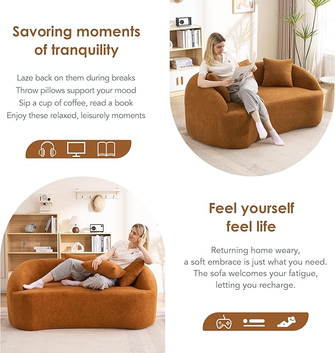 65” Beige Curved Couch&amp Loveseat Sofa with 3 Pillows Compression Couch with Round Armrest Suitable for Small Space Bedroom Living Room Memory Foam Chenille No Assembly (Upgraded Orange)