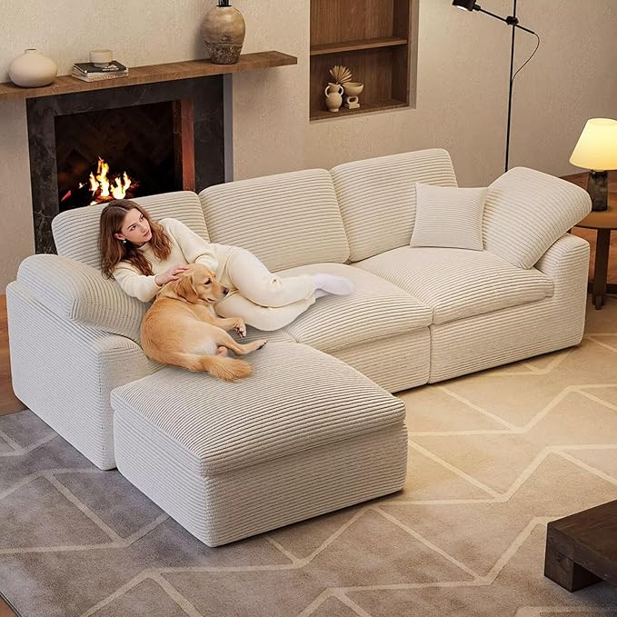 Cloud Sectional Couches for Living Room 4 Seater Cloud Modular Couch Boneless Comfy Sofa for Apartment L Shaped Corduroy Sectional Sofas with Ottoman Cream