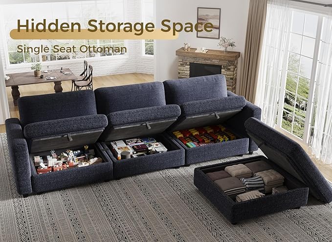 KKL Oversize Modular Sectional Sofa Couches for Living Room 113 L Shaped Sofa with Adjustable Backrest Couch Down Filled Sectional Sofa with Storage Ottoman Chenille Blue