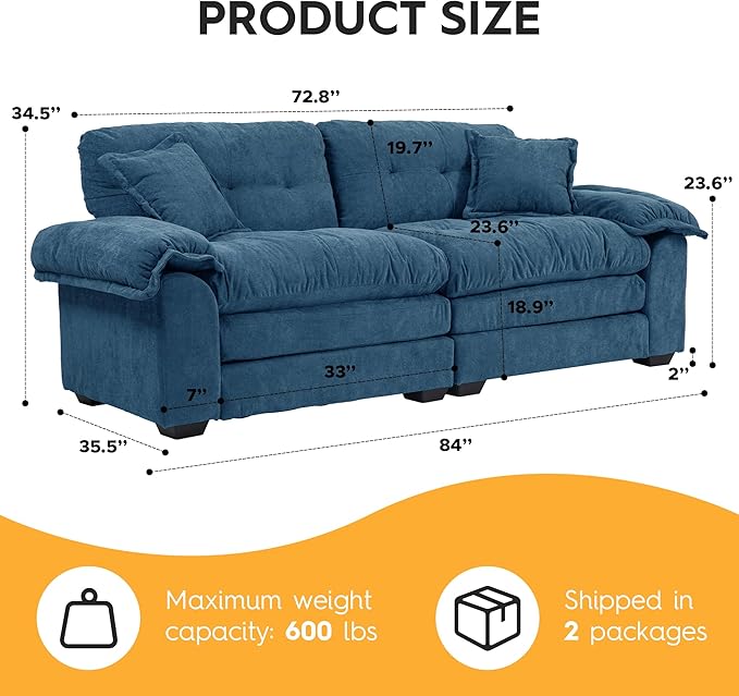 Modern 84 Chenille Loveseat Sofa Ultra-Comfy Upholstered Couch with 2 Pillows for Apartment Living Room Bedroom or Home Office (Blue)