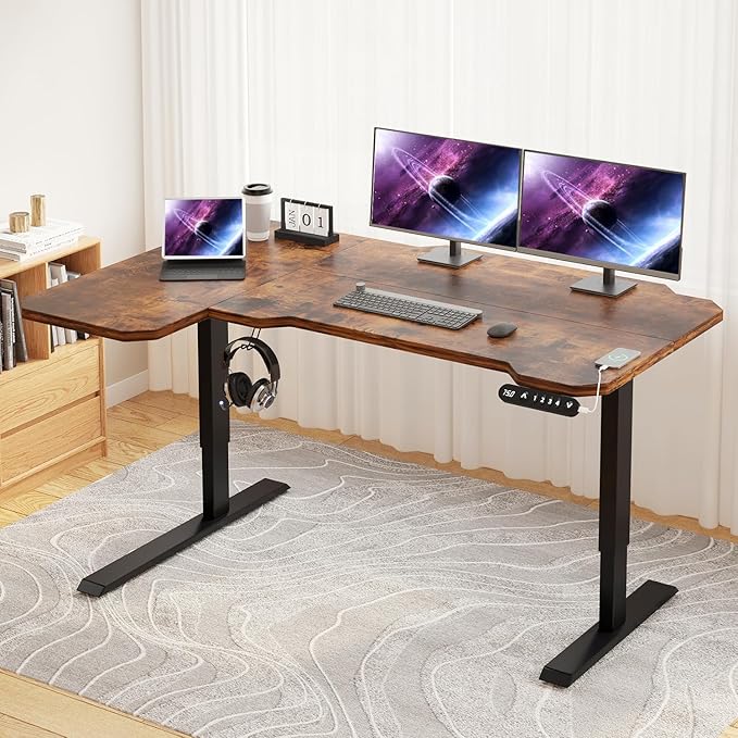 Electric Height Adjustable Standing Desk 59 L-Shaped Sit - Stand Desk for Work or Home Office Push Button Memory Settings Brown Splice Board/Black Frame