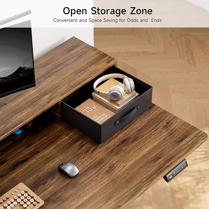 ONBRILL Standing Desk with Drawers 63x24 Inch Electric Stand Up Desk with 3 Drawers and Open Storage Shelf Adjustable Height 28-46 Inches for Home and Computer Workstation Walnut
