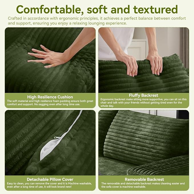63 Boneless CouchNo Assembly RequiredLoveseat Velvet Couch Soft and Comfortable for Living Rooms Bedroom and Dormitories (Green)