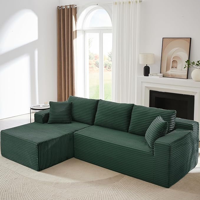 103 W Green Boneless Cloud Sectional Couches for Living Room No Assembly Compressed L Shaped Sofa with Deep Seat &amp Left Chaise Fluffy Corduroy Floor Lounge Sofa for Apartment Office