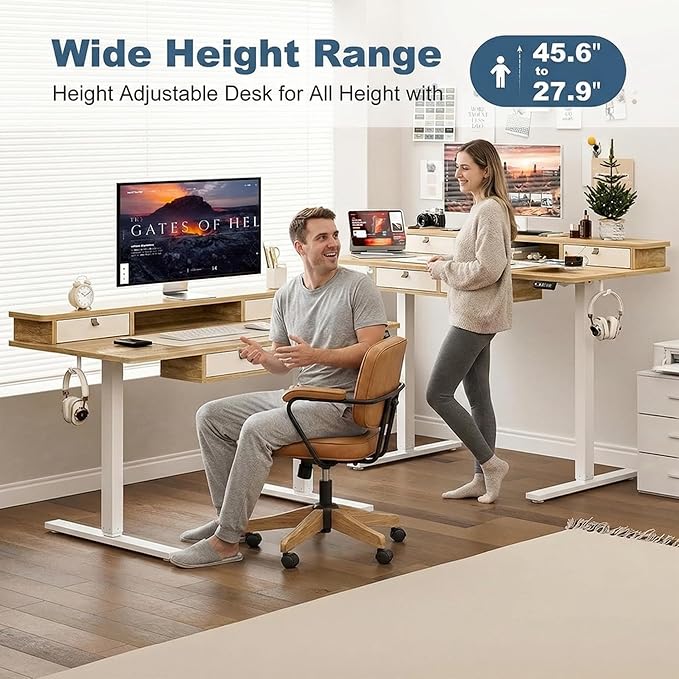 Grandder 47 Inch Electric Standing Desk with Four Drawers Sit to Stand Up Height Adjustable Desk with Storage Shelf for Home Office Study Ergonomic Adjustable Computer Desk Oak