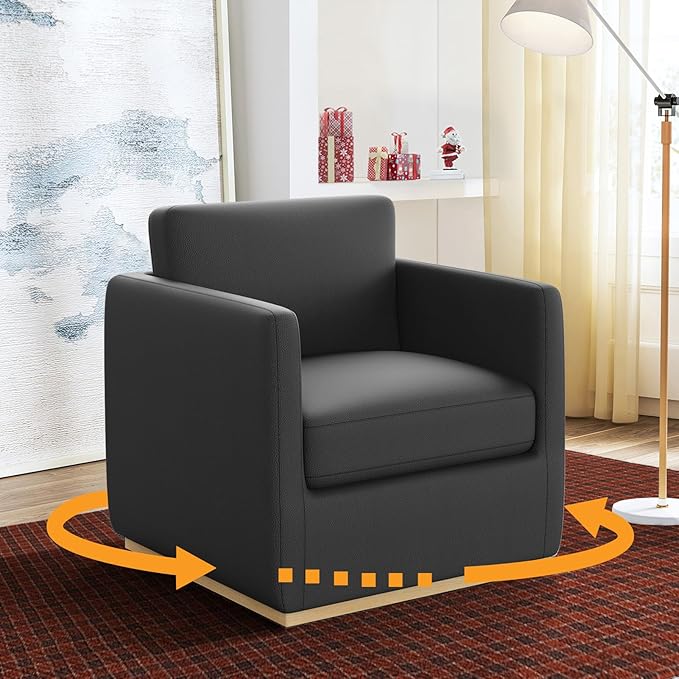 Sunny Heart Swivel Accent Chair Velvet Swivel Barrel ChairClub Chair with Wood Base Modern Upholstered Armchair Cozy Chairs for Living Room Bedroom Reading Leather-Black