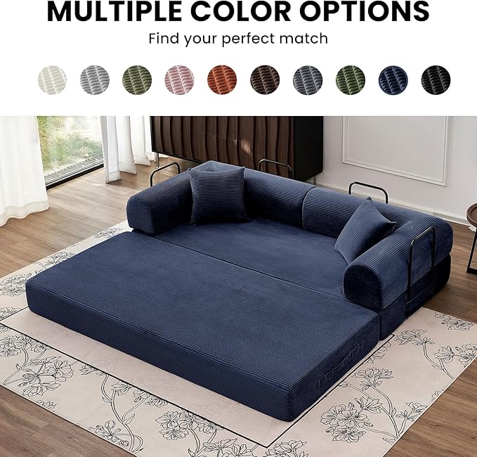 79 5-in-1 Convertible Sofa Bed Premium Sleeper with Reinforced Frame &amp Plush Corduroy No Assembly Modern Couch for Lounge Living Room &amp Guest Room Blue