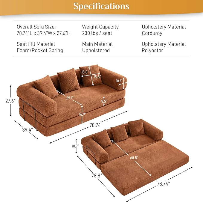 Convertible Sofa Bed Corduroy Memory Foam Compression Sofa Modular Floor Sofa with Pull-Out Bed Compressed Couch in Box Folding Sleeper Couches Bed for Living Room Bedroom Lounge Orange