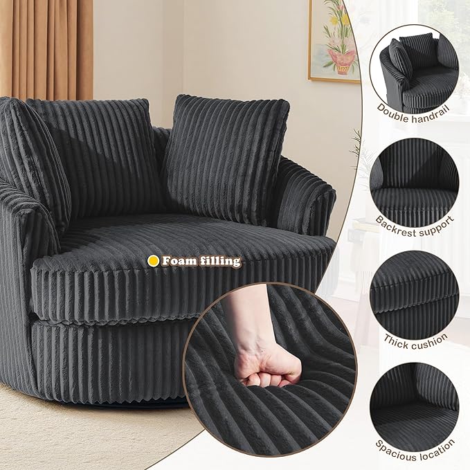 Oversized Round Swivel Barrel Accent Chair with Pillows Comfy Modern Chaise Lounge Sofa Indoor for Living Room Bedroom (Dark Grey Set of 1)