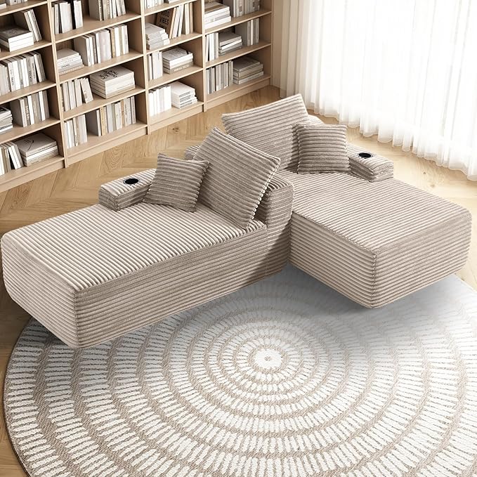69 Oversized Boneless Sofa Bed Double Chaise Lounge Chair Indoor Plush Corduroy Sectional Couches for Living Room Comfy Cloud Couch No Assembly(Camel)